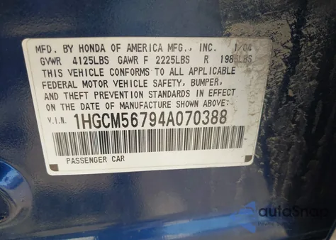 2004 Honda Accord 2.4 Ex из США, поврежденный, VIN 1HGCM56794A070388